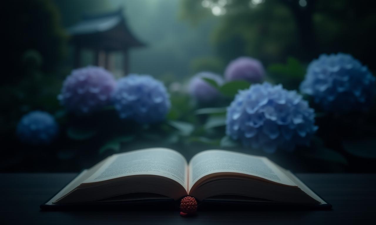 霧に包まれた日本庭園の紫陽花、開かれた本の上に美しいしおりが置かれているイメージ
