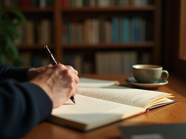 原稿を丁寧にレビューする手元と本棚